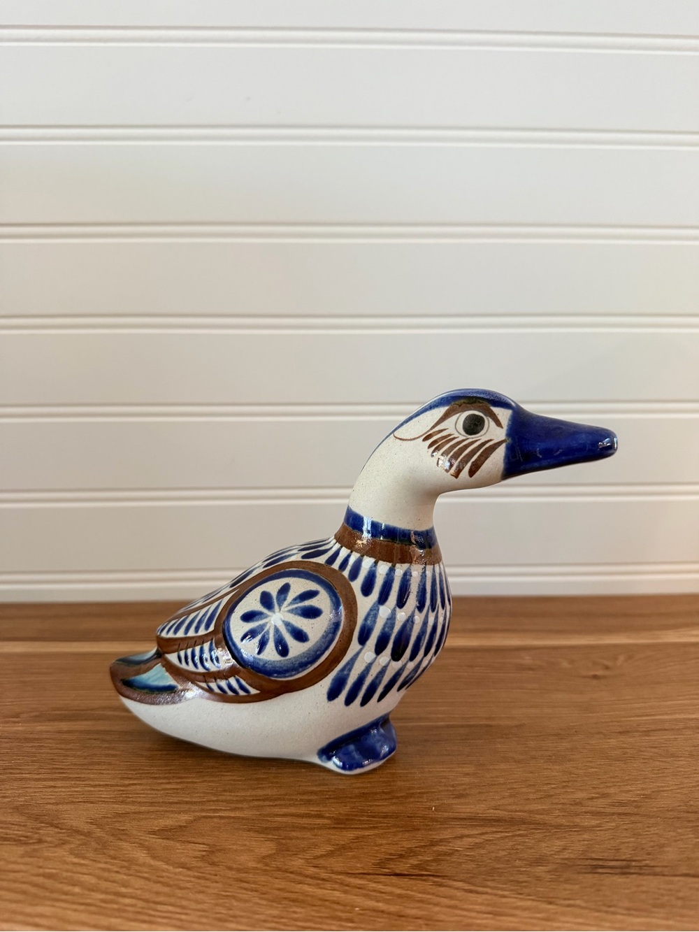 Hand-Painted Blue and Brown Ceramic Duck Figurine Decorative Accent